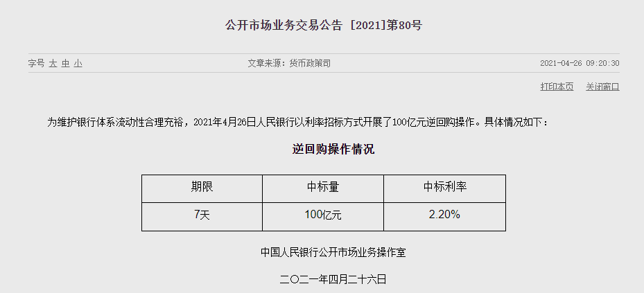 央行今日开展1250亿元7天期逆回购操作